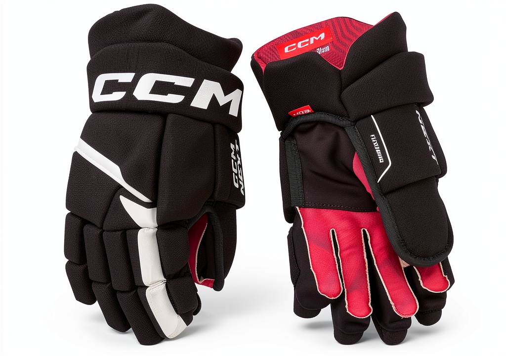 CCM NEXT hockey gloves on a rink bench