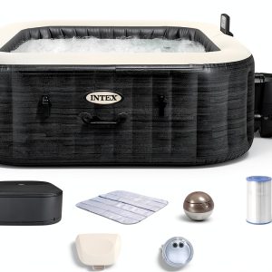 INTEX 28449EH PureSpa Greystone Deluxe Spa Set: Includes Energy Efficient Spa Cover - 140 Bubble Jets - Square Design - 4 Person Capacity - 69" x 28"-0