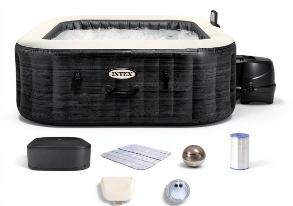 INTEX 28449EH PureSpa Greystone Deluxe Spa Set: Includes Energy Efficient Spa Cover - 140 Bubble Jets - Square Design - 4 Person Capacity - 69" x 28"-0