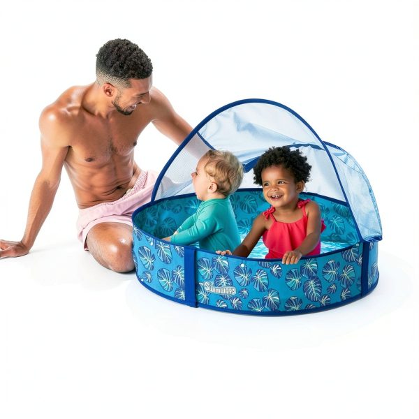 Swimways Elite Pop-Up Above Ground Pool, Baby Pool with Canopy & Carrying Case, Foldable Kiddie Pool for Ages 9-24 Months, Measures 32", Blue-1