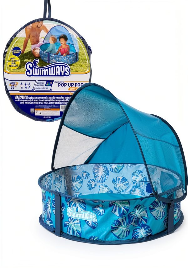 Swimways Elite Pop-Up Above Ground Pool, Baby Pool with Canopy & Carrying Case, Foldable Kiddie Pool for Ages 9-24 Months, Measures 32", Blue-0